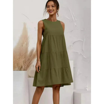 Women’s Sleeveless Midi Dress – Cotton Linen – Loose Fit – Tiered Ruffle Design
