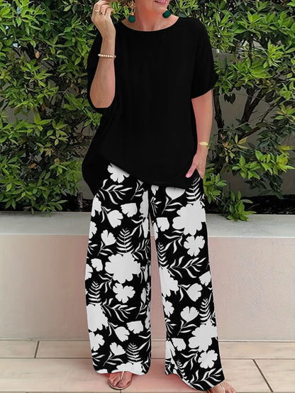 Women’s Two-Piece Wide Leg Pants Set – Relaxed Fit – Floral Print