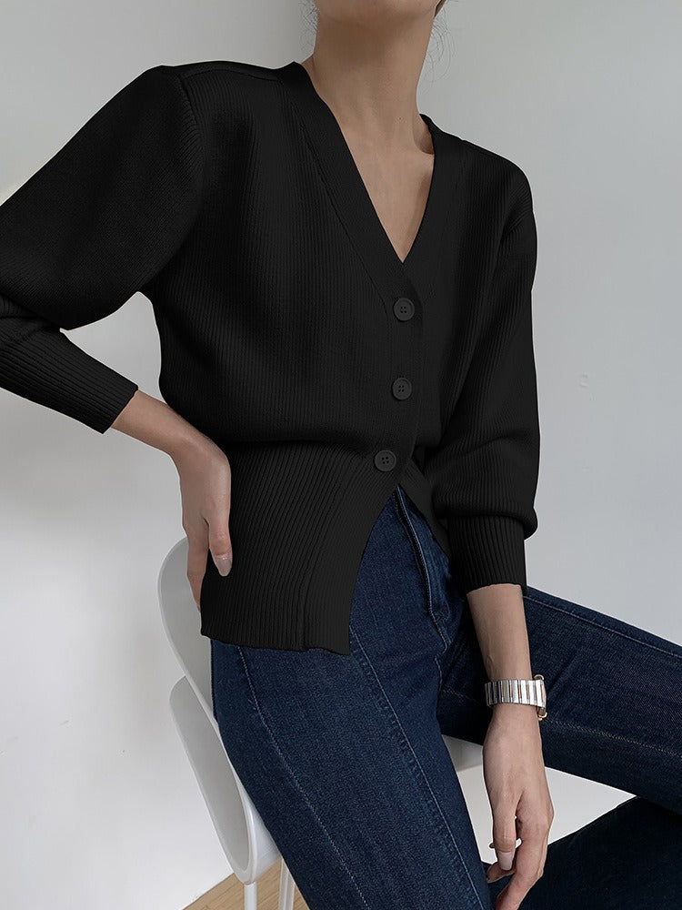 Ribbed Knit Loose Fit V-neck Cardigan 