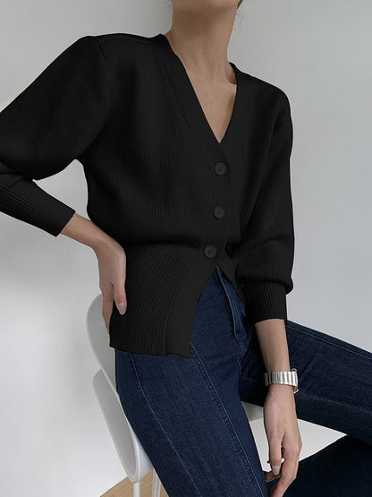 Women’s V-neck Cardigan – Ribbed Knit – Loose Fit – Waist Cinch – 3/4 Sleeve Buttons