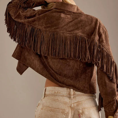 Women’s Cropped Jacket – Suede Feel – Fringe Sleeves – Button Front – Relaxed Fit