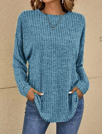 Women’s Long Sleeve Top – Relaxed Fit – Ribbed Knit – Round Neck – Hip Length Casual Wear