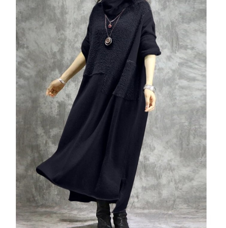 Women’s Long Sleeve Dress – Relaxed Fit – Plush Splice Detail – High Collar – Full Length