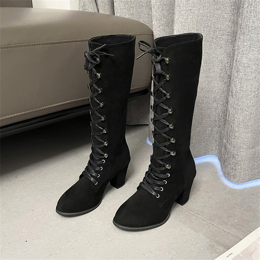 Suede Lace-Up Block Heel Knee-High Boots 