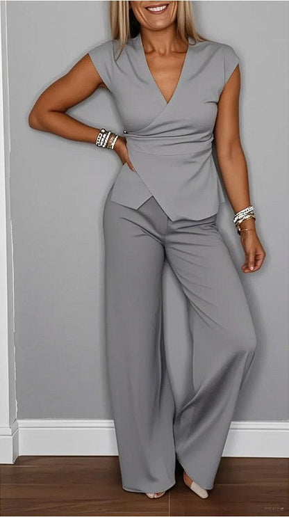 Women’s Two-Piece Set – Sleeveless Wrap Top – High-Waist Wide-Leg Pants – Silky Drape