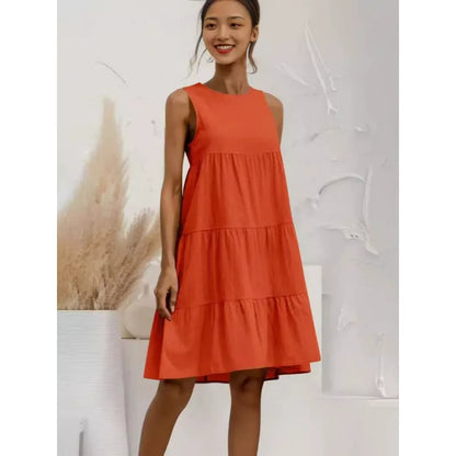 Women’s Sleeveless Midi Dress – Cotton Linen – Loose Fit – Tiered Ruffle Design