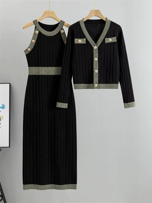 Metallic Trim Slim Fit Two-Piece Knit Set 