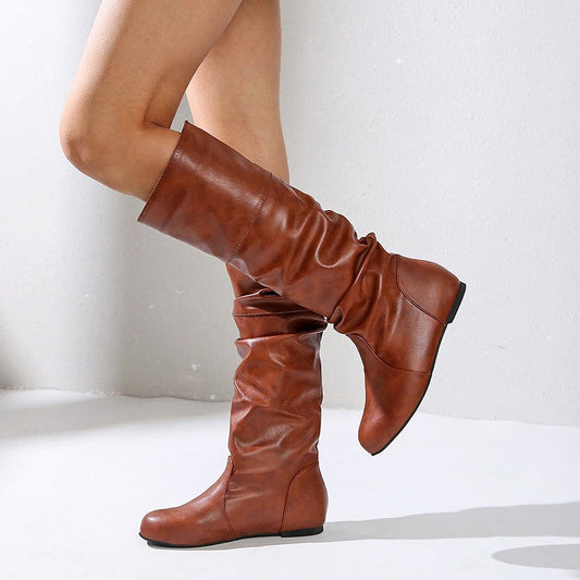 Faux Leather Mid-Calf Slouchy Boots