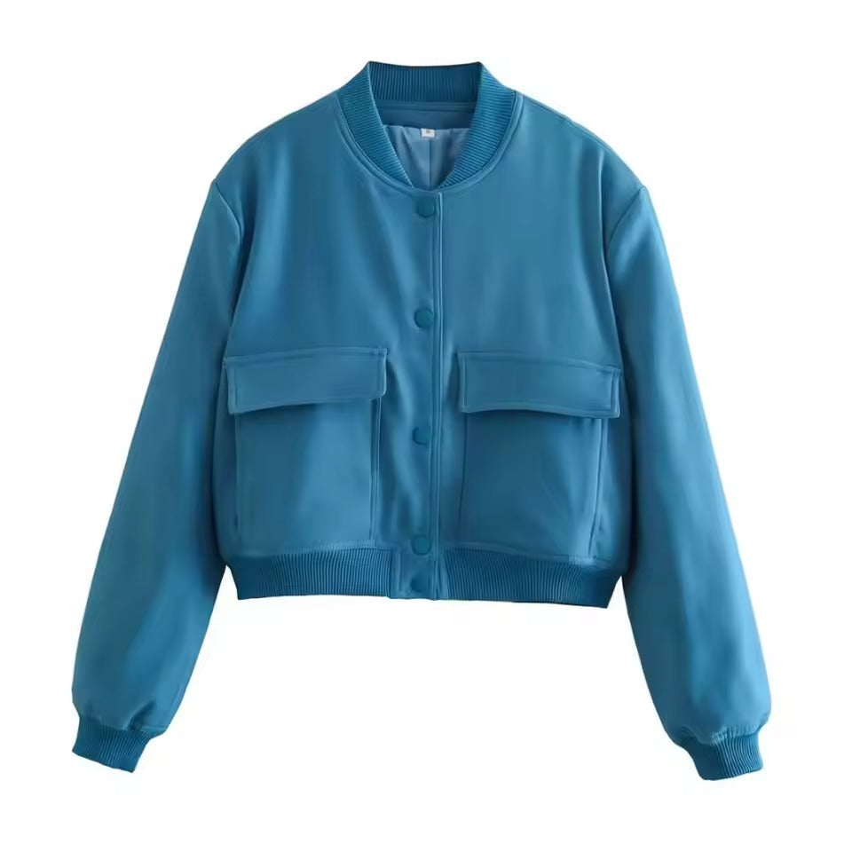 Women’s Bomber Jacket – Relaxed Fit – Button Front – Ribbed Trim – Chest Pockets