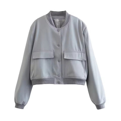 Women’s Bomber Jacket – Relaxed Fit – Button Front – Ribbed Trim – Chest Pockets