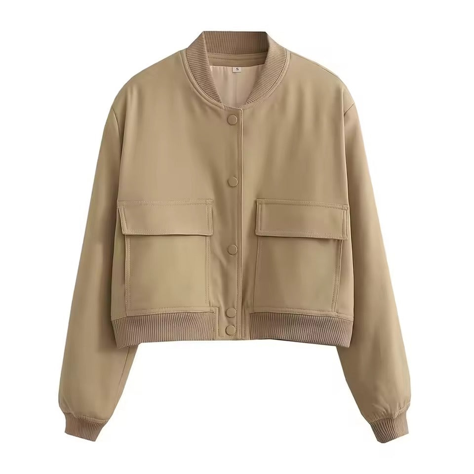Women’s Bomber Jacket – Relaxed Fit – Button Front – Ribbed Trim – Chest Pockets