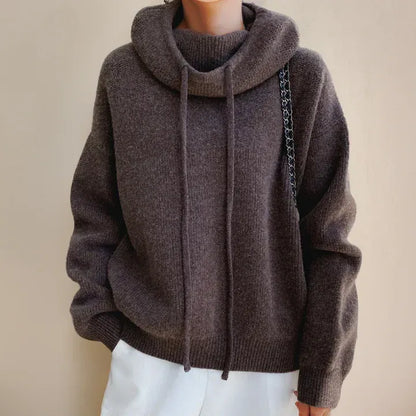 Women’s Knitted Sweatshirt – Oversized Fit – Soft Plush Knit – Cowl Neck Drawstring