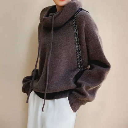 Women’s Knitted Sweatshirt – Oversized Fit – Soft Plush Knit – Cowl Neck Drawstring