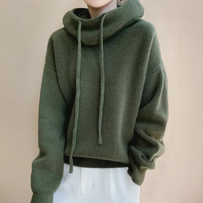 Women’s Knitted Sweatshirt – Oversized Fit – Soft Plush Knit – Cowl Neck Drawstring