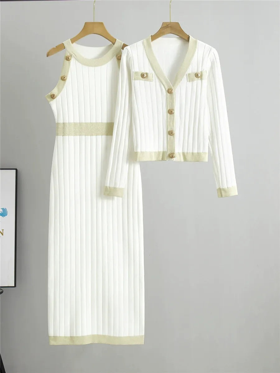 Women’s Two-Piece Knit Set – Slim Fit Midi Dress – Cropped Cardigan – Metallic Trim