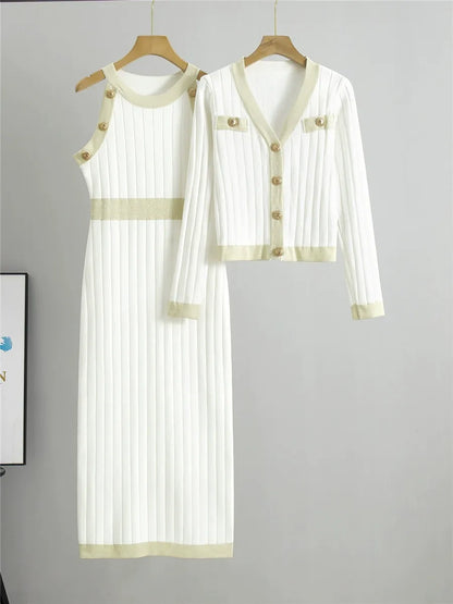 Women’s Two-Piece Knit Set – Slim Fit Midi Dress – Cropped Cardigan – Metallic Trim