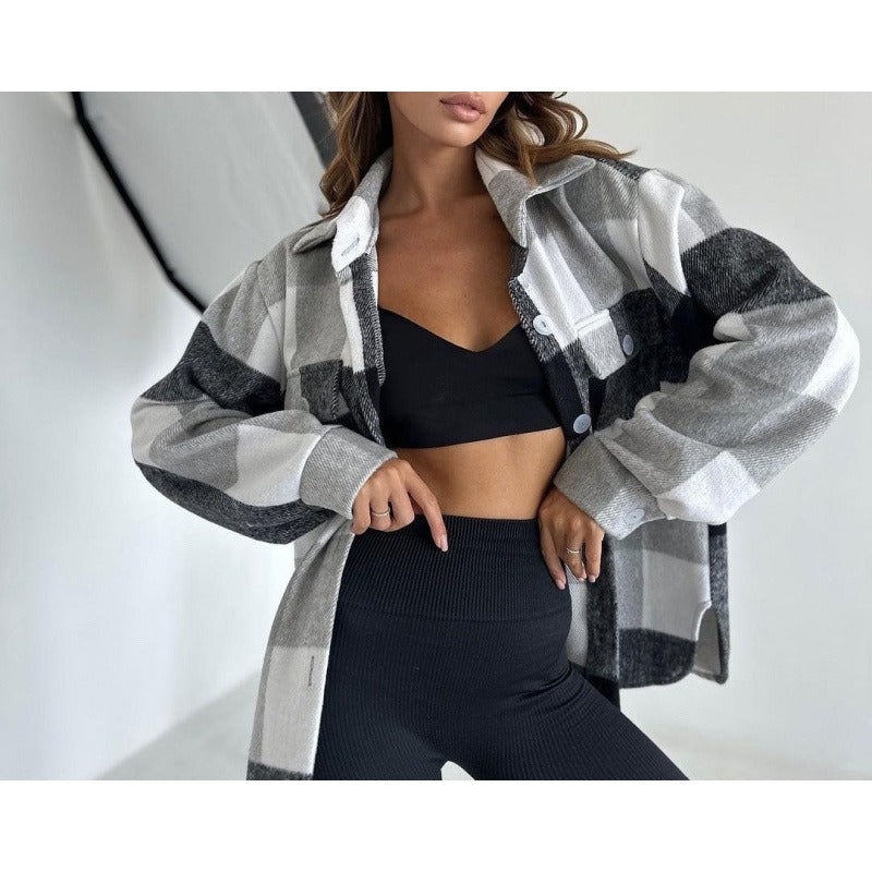 Plaid Oversized Button-Up Woven Jacket 