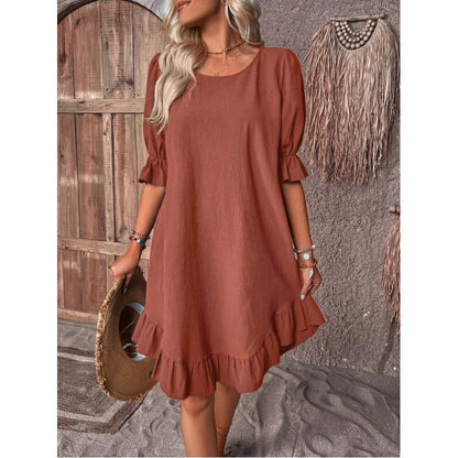 Women’s A-Line Dress – Cotton Linen – Knee Length – Ruffle Trim – Mid Sleeve