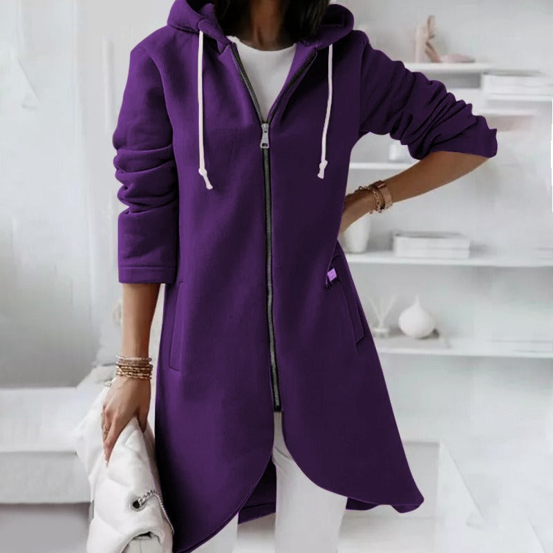 Women’s Long Hooded Sweater – Relaxed Fit – Fleece Lined – Asymmetrical Hem – Zip Front