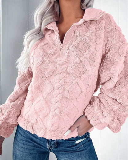 Women’s Pullover Sweatshirt – Oversized Fit – Quilted Fleece – Half Zip Stand Collar