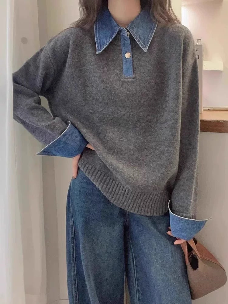 Wool Relaxed Fit Denim Collar Sweater