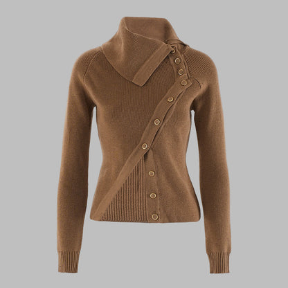 Women’s Knitwear Top – Slim Fit – Ribbed Stretch Fabric – Asymmetrical Button Detail