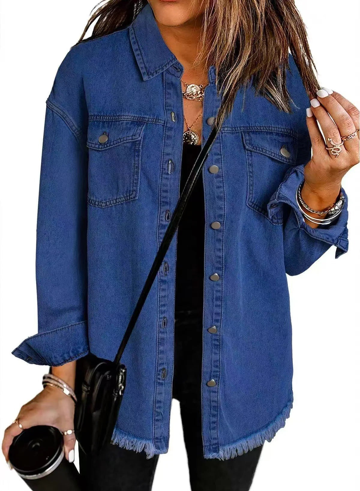 Frayed Hem Relaxed Fit Denim Jacket 