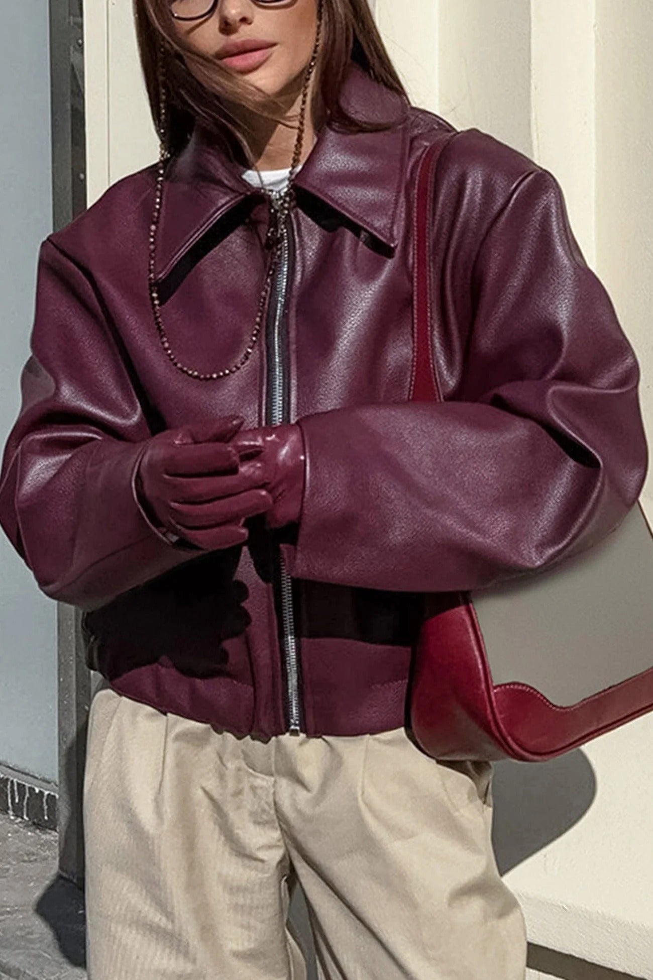 PU Leather Relaxed Fit Zip Front Jacket 