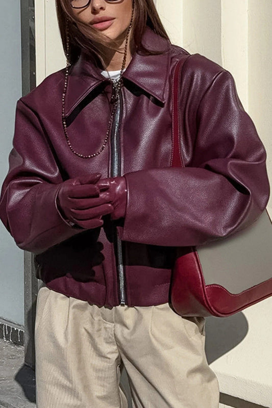PU Leather Relaxed Fit Zip Front Jacket 