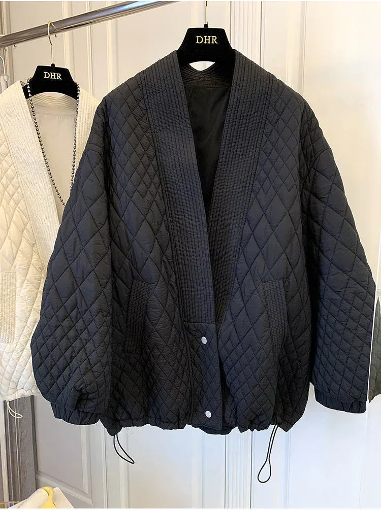 Women’s Jacket - Quilted Blend - Oversized Fit - Ribbed Lapel - Adjustable Drawstring Hem