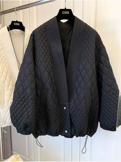 Women’s Jacket - Quilted Blend - Oversized Fit - Ribbed Lapel - Adjustable Drawstring Hem