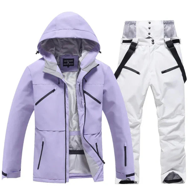 Women’s Two-Piece Ski Suit Set – Hooded Jacket & Pants – Waterproof Windproof – Regular Fit