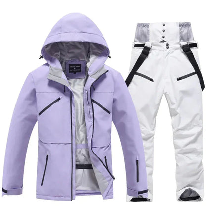 Women’s Two-Piece Ski Suit Set – Hooded Jacket & Pants – Waterproof Windproof – Regular Fit