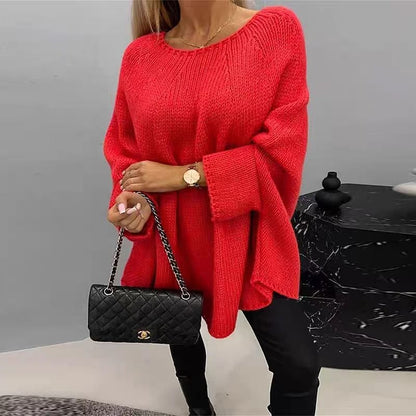 Women’s Knit Top – Oversized Fit – Chunky Texture – Batwing Sleeves – Crew Neck