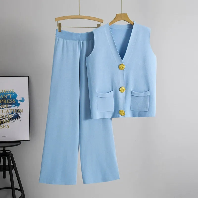 Knitted Wide-Leg Two-Piece Set With Pockets 