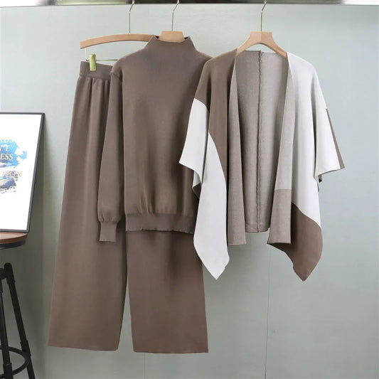 Knitted Three-Piece Set with Wide-Leg Pants 