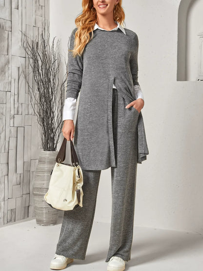 Women’s Two Piece Suit – Soft Knit – Long Slit Top – Relaxed Straight Leg Trousers