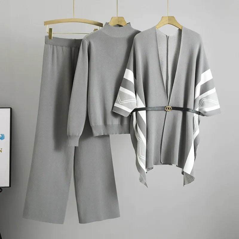 Women’s Three-Piece Shawl Cardigan – Belted Knit – Relaxed Fit – Ribbed Textured Sleeves