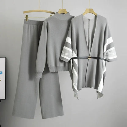 Women’s Three-Piece Shawl Cardigan – Belted Knit – Relaxed Fit – Ribbed Textured Sleeves