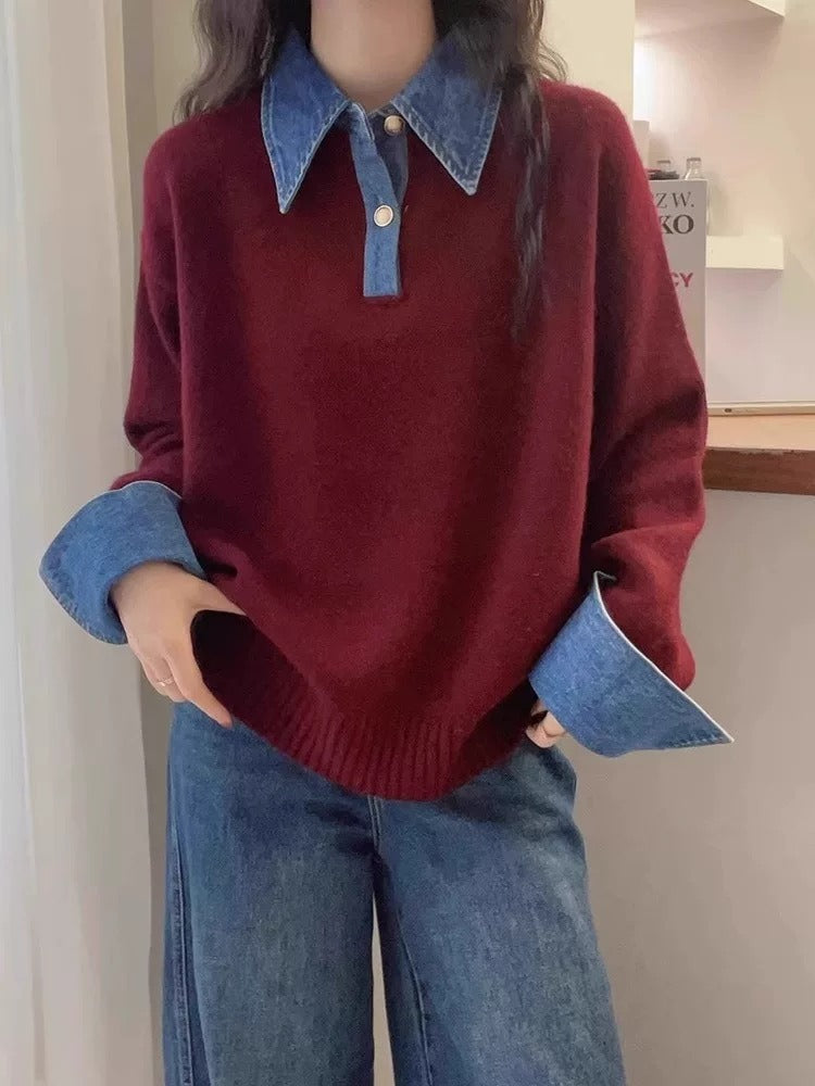 Wool Relaxed Fit Denim Collar Sweater