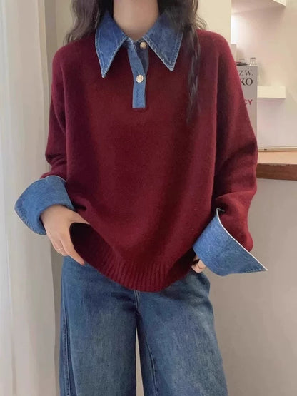Women’s Knit Sweater - Wool - Polo Neck - Denim Collar and Cuffs - Relaxed Fit