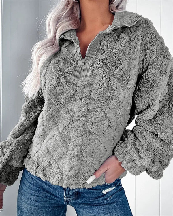 Women’s Pullover Sweatshirt – Oversized Fit – Quilted Fleece – Half Zip Stand Collar