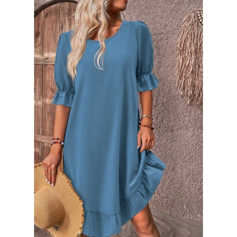 Women’s A-Line Dress – Cotton Linen – Knee Length – Ruffle Trim – Mid Sleeve