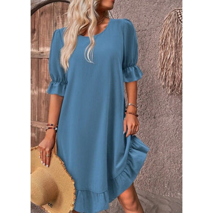 Women’s A-Line Dress – Cotton Linen – Knee Length – Ruffle Trim – Mid Sleeve