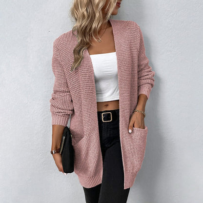 Women’s Long Sleeve Cardigan – Waffle Knit – Relaxed Fit – Open Front with Pockets