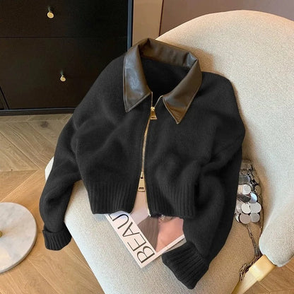 Women’s Cardigan Jacket - Knit - Cropped Length - Spread Collar - Ribbed Cuffs