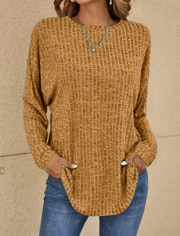 Ribbed Knit Relaxed Fit Long Sleeve Top 