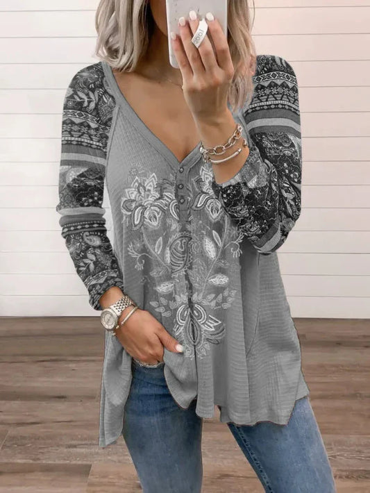 Printed Loose Fit Button Detail T-Shirt 