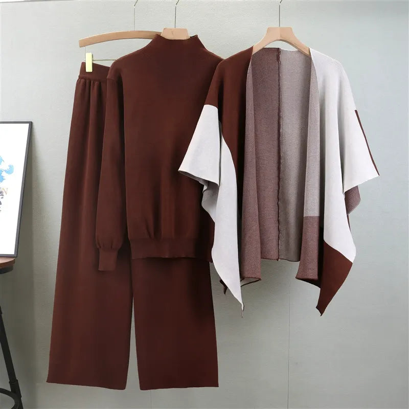 Women’s Knitted Three-Piece Set – Mock Neck Sweater – Wide-Leg Pants – Cape Layer