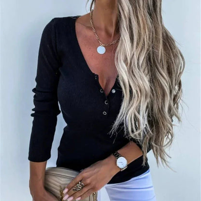 Women’s Long Sleeve Top – Slim Fit – Ribbed Knit – V-Neck with Button Accents
